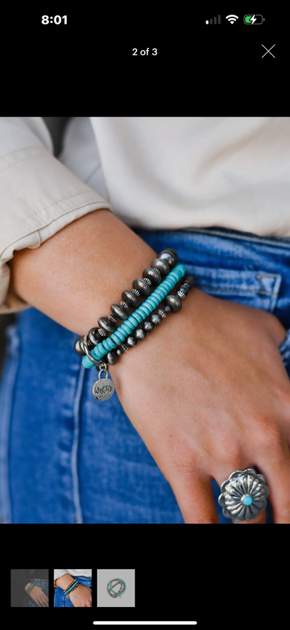 3 Strand Faux Navajo Pearl and Turquoise
Stretch Bracelet